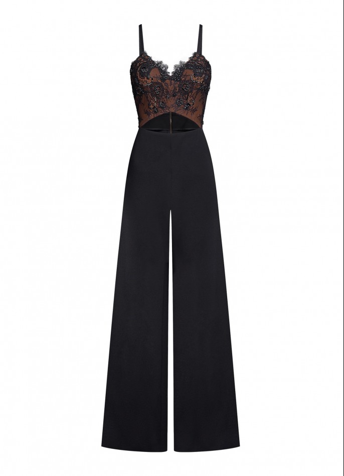 BROWN / BLACK HAND-EMBROIDERED SPANISH LACE CREPE-BLEND JUMPSUIT